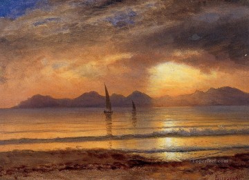Sunset over a Mountain Lake Albert Bierstadt Beach Oil Paintings
